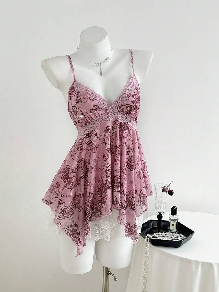 Elamini Vintage Perris Floral Sequin Asymmetric Hem Camisole Patchwork Lace Trim Women Tank Top, Spring/Summer | SHEIN