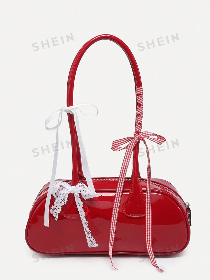 ROMWE Kawaii Women's Vintage Cute Style Plaid Bowknot Strap With Cherry & Heart Decor Shoulder Cr... | SHEIN