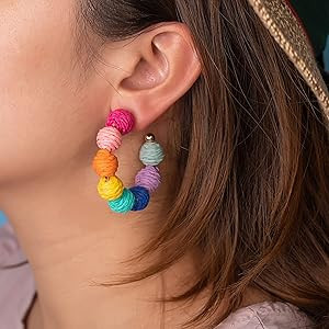 Raffia Hoop Earrings Statement Boho Beaded Earrings Cute Rattan Handmade Colorful Jewelry for Wom... | Amazon (US)