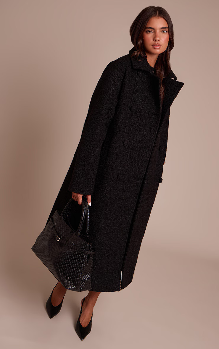Black Boucle Double Breasted Maxi Coat | Outerwear | PrettyLittleThing US