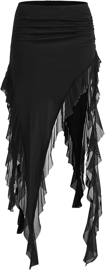 OYOANGLE Women's Ruffle Trim Asymmetrical Low Waisted Long Skirts Summer Party Going Out Skirt | Amazon (US)