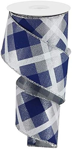 Printed Plaid on Metallic Wired Edge Ribbon - 10 Yards (Silver, Navy, White, 2.5 Inch) | Amazon (US)