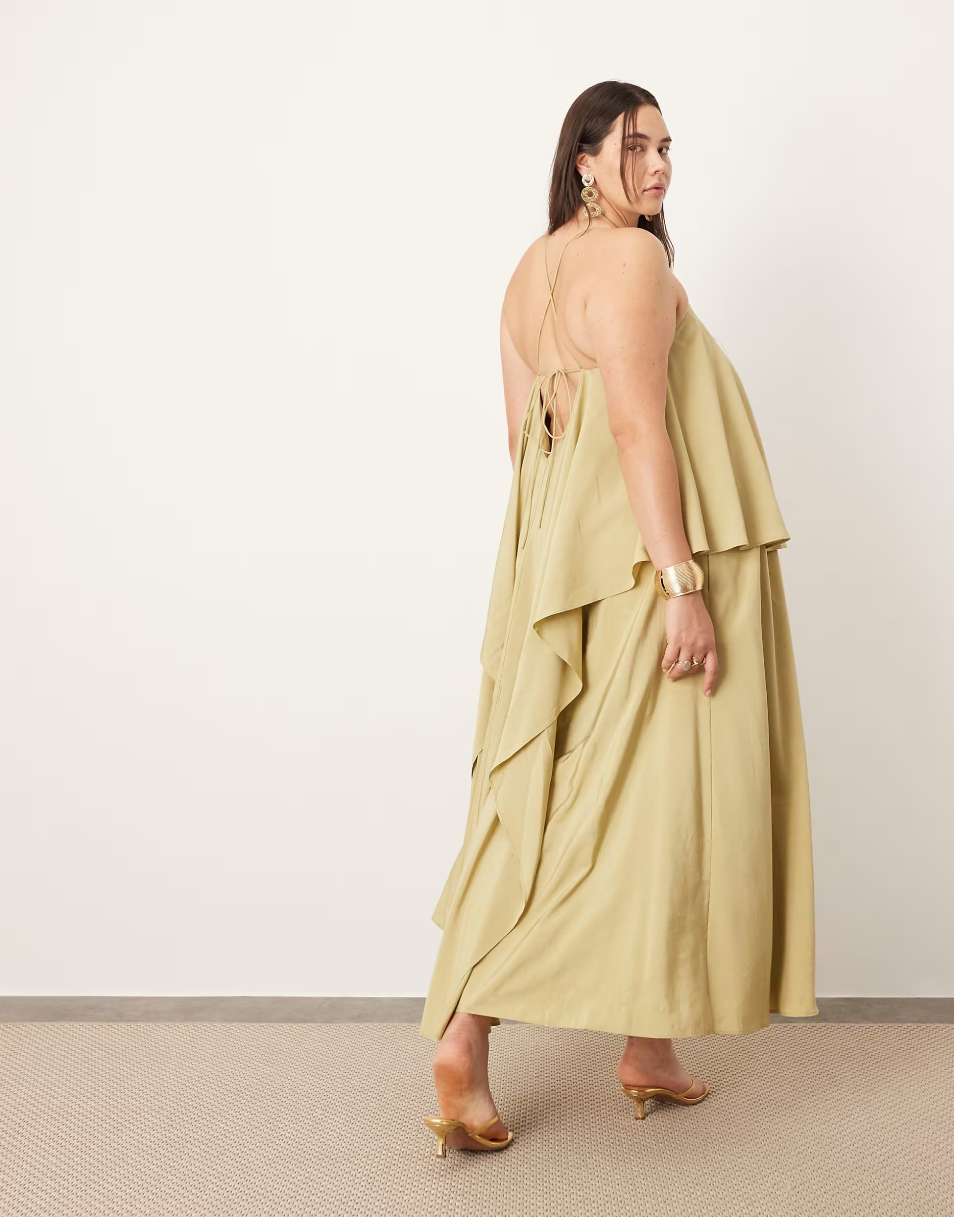 ASOS EDITION Curve strappy square neck maxi with pockets and dramatic drape detail in olive green... | ASOS (Global)