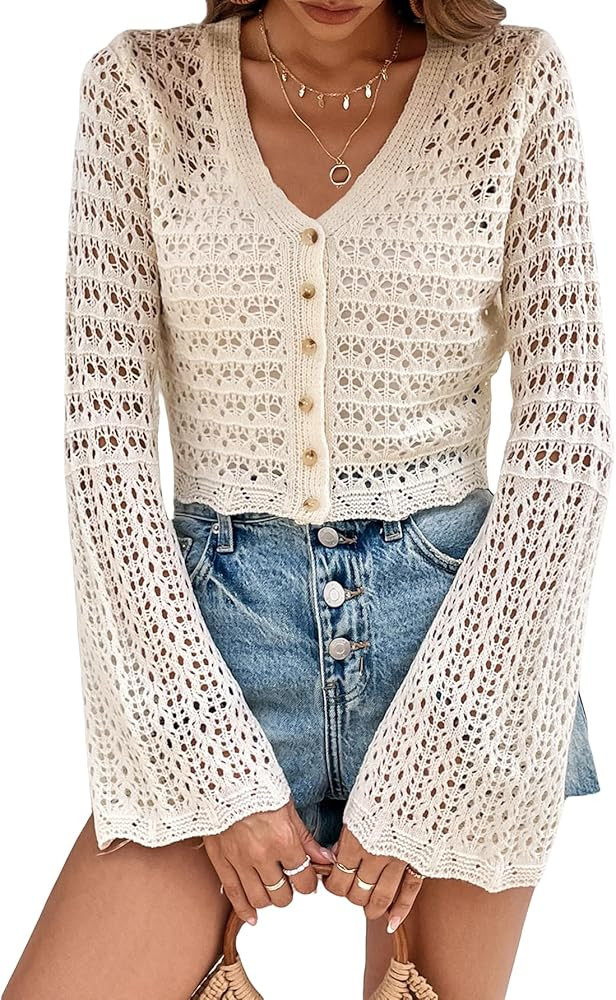 Verdusa Women's Hollow Out Button Front Long Bell Sleeve Knit V Neck Crop Cardigan | Amazon (US)