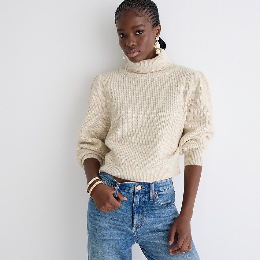 Cropped puff-sleeve turtleneck sweater | J.Crew US