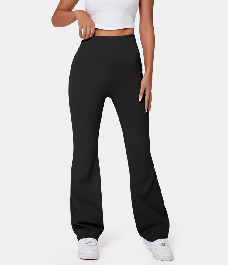 High Waisted Back Pocket Plain Slight Flare Leggings | HALARA