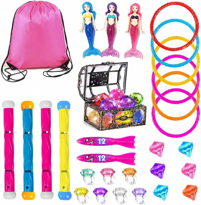 30 Pcs Diving Pool Toys for Kids Ages 3-12 - Little Mermaid Toys for Girls, Dive Sticks, Treasure... | Amazon (US)
