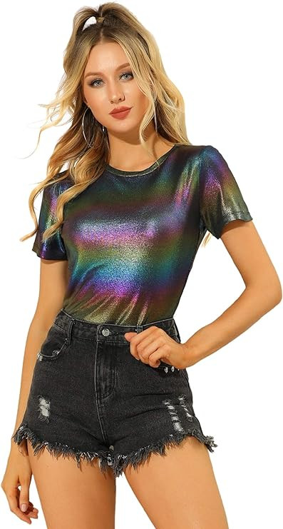 Allegra K Women's Party Metallic Textured Short Sleeve Shiny Multicolor Top | Amazon (US)