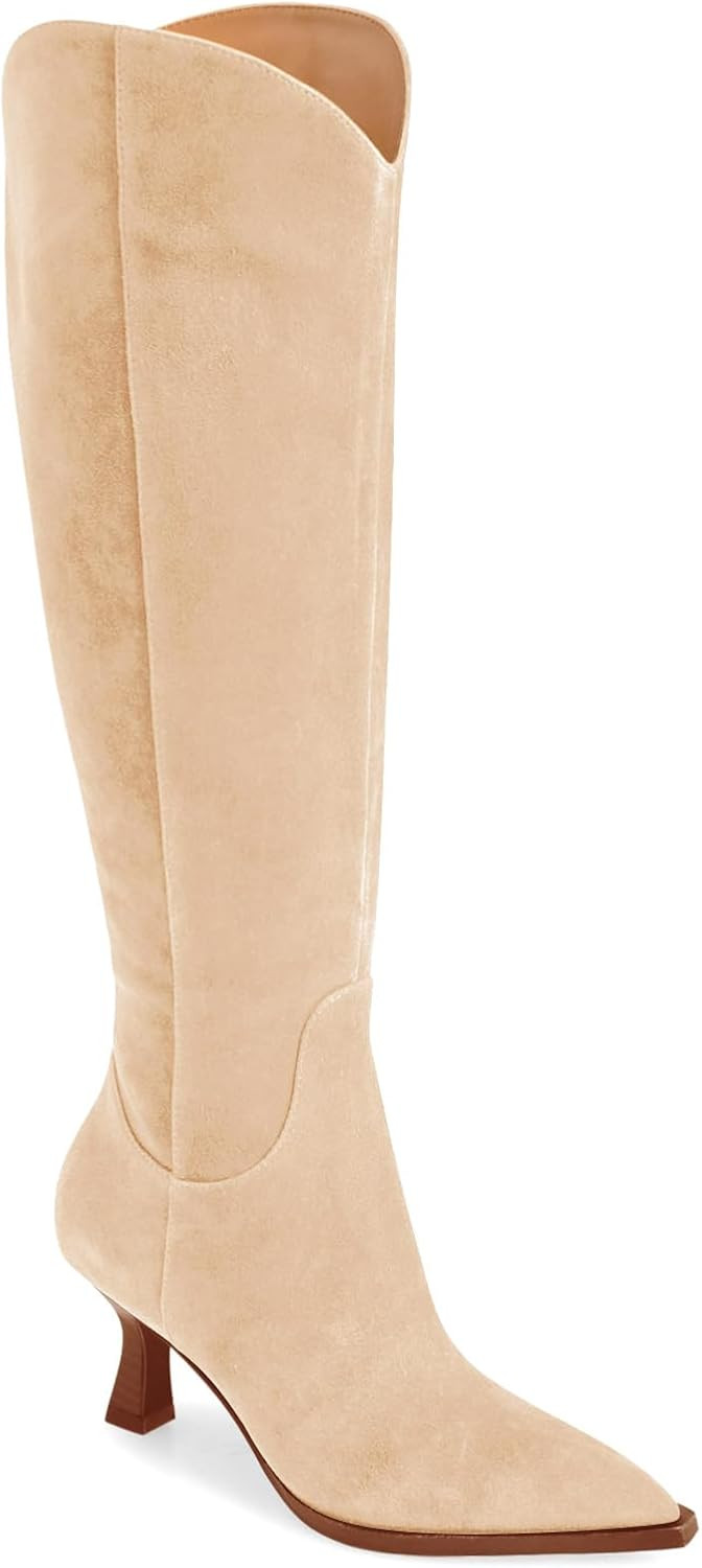 Coutgo Womens Wide Calf Knee High Boots Kitten Heel Pointed Toe Tall Boots Side Zipper Fall Winter Shoes | Amazon (US)