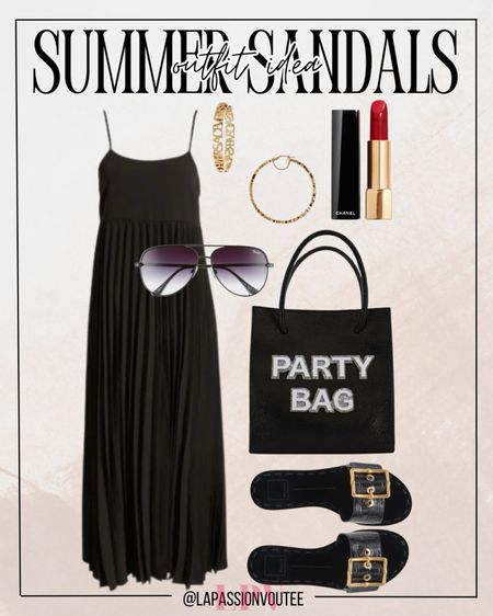Elevate your summer style with a stunning pleated maxi dress paired with glamorous hoop earrings and oversized sunglasses. Add a pop of color with red lipstick and accessorize with a chic mini tote bag. Complete the look with comfy slide sandals for the perfect balance of elegance and comfort. 💃👜☀️ 

#LTKStyleTip #LTKSeasonal