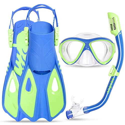 Snorkeling Gear for Kids Ages 5-15, 4 in 1 Mask Fins Snorkel Set with HD Tempered Glass Panoramic View Anti-Fog Mask, Dry Top Snorkel, Adjustable Trek Fins, and Mesh Bag, Kids Snorkel Set for Youth | Amazon (US)