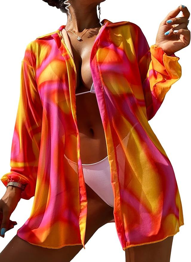 MakeMeChic Women's Kimono Cover Up Tie Dye Long Sleeve Collar Beach Swimsuit Cover Up | Amazon (US)