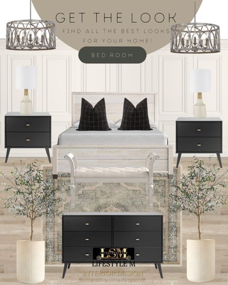 Master Bedroom Idea. Recreate the look with these home furniture and decor finds! Black dresser, black nightstand, wood bed frame, wood upholstered bench, black throw pillows, bedroom chandeliers, white ceramic tree planter pot, faux fake tree, bedroom rug. 

#LTKhome #LTKFind #LTKstyletip