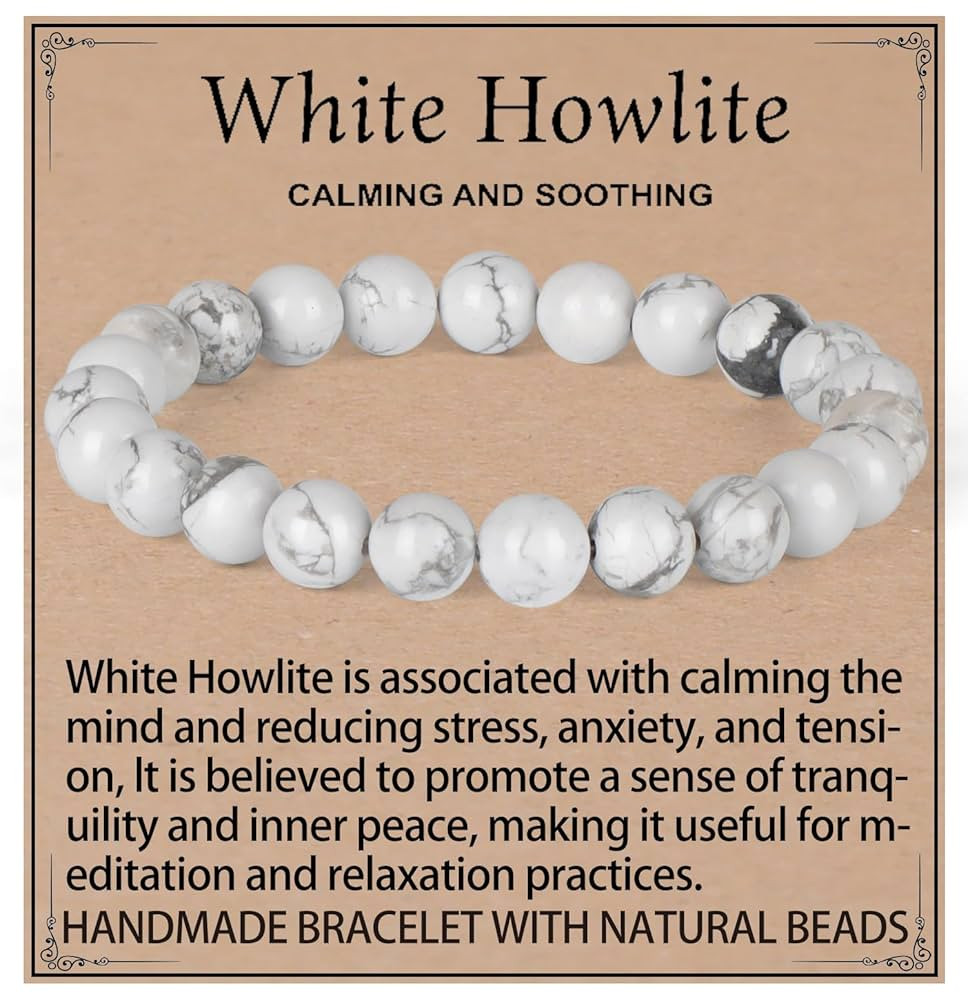 White Howlite Bracelet - Calming Bracelet for Women Men - Handmade Natural Gem Stone Beaded Stret... | Amazon (US)