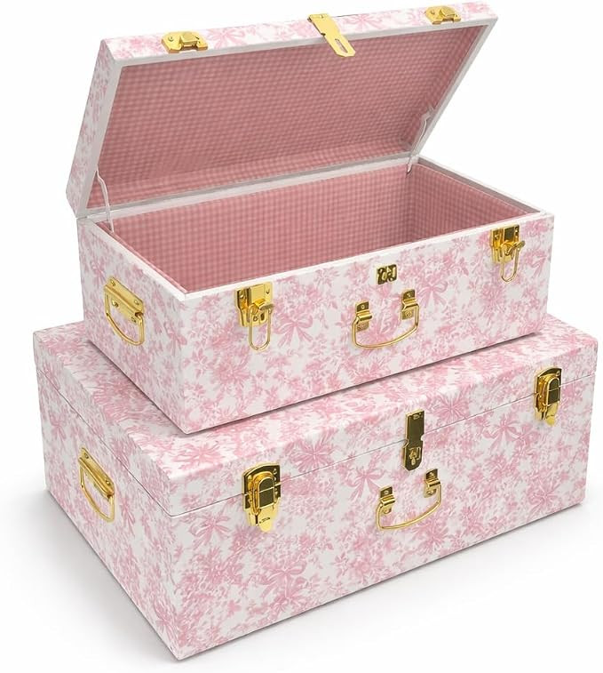 Rool Pink Floral Storage Trunks, Metal Keepsake Trunk Set of 2 | Gingham lining, stackable decora... | Amazon (US)