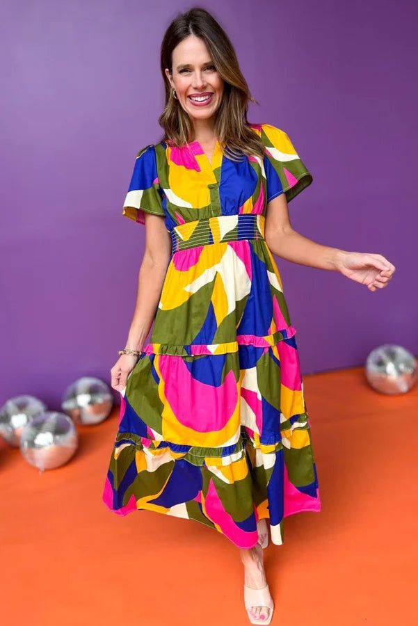 Khaki Multi Abstract Printed Poplin Tiered Maxi Dress | Shop Style Your Senses