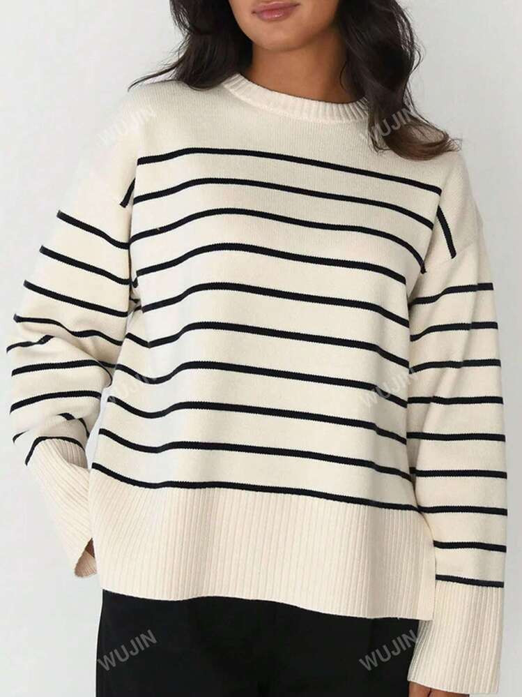Color Block Striped Design Crew Neck Sweater, Casual For Autumn & Winter,Long Sleeve Tops | SHEIN