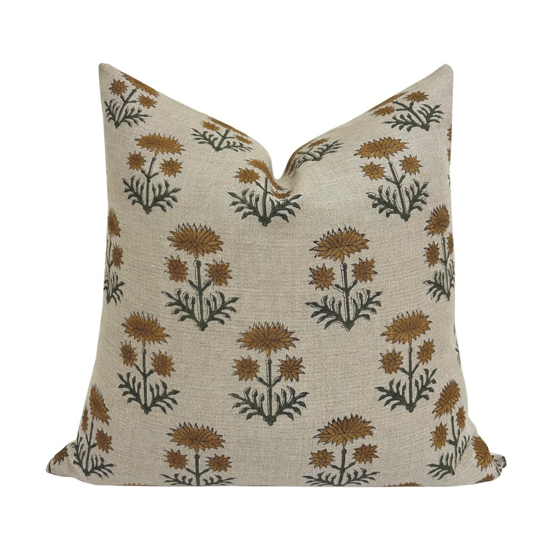 KAYLEE Designer Floral Linen Pillow Cover, Beige Floral Pillow Cover, Block Print Linen Pillow, L... | Etsy (US)