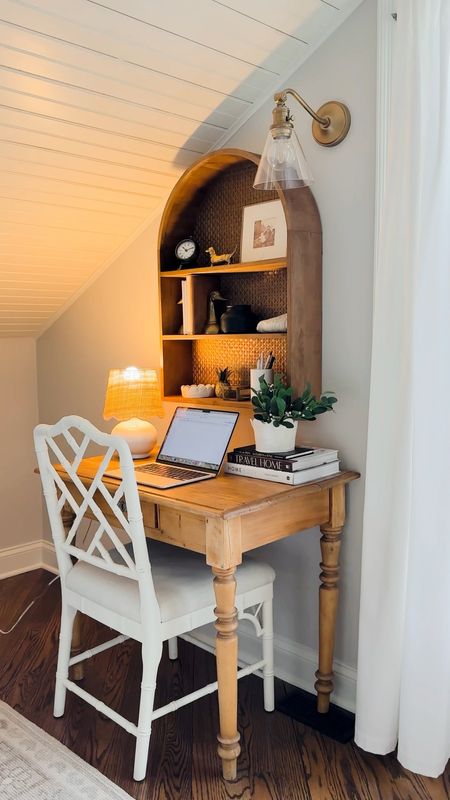 Comment "NOOK" or link in bio for all the details ☕️ I came across this beautiful 1800s English pine writing desk from a Chicago seller on @Etsy, and it had to be mine. It's bounced around our home quite a bit but I think I finally found the perfect spot! I decorated the shelves with vintage Etsy finds, and I can't tell you how excited I am to start my days off here with a cup of coffee and some background bistro music. Etsy, you make #cottagecore vibes so easy! @collable_official #etsy #collAbleCreator #ADS #etsygifts