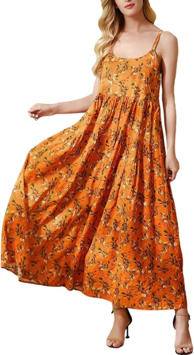 YESNO Women Casual Loose Bohemian Floral Print Dresses Spaghetti Strap Long Summer Beach Swing Dress | Amazon (US)