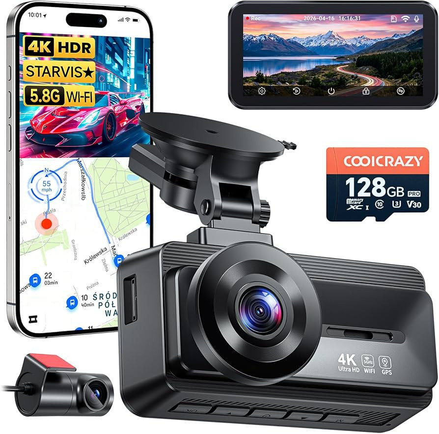 Coolcrazy 4K Dash Cam Front and Rear, STARVIS Sensor, Free 128GB Card Included, 5GHz WiFi-up to 2... | Amazon (US)