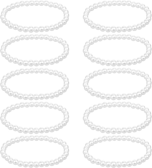 10 Pack White Pearl Bracelets 0.2'' Faux Pearl Bracelet Stretch Fake Pearls Bead Bracelets Bridal... | Amazon (US)