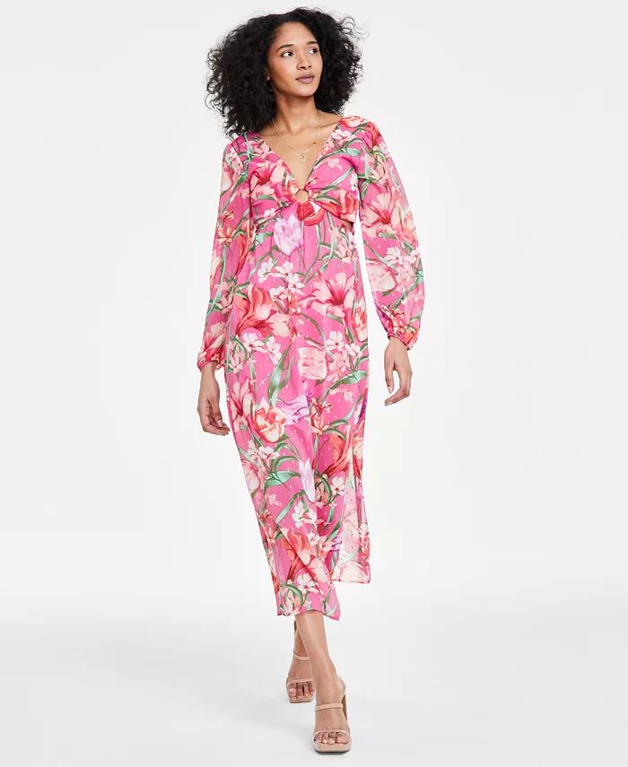 Women's Floral-Print Cutout Midi Dress | Macy's