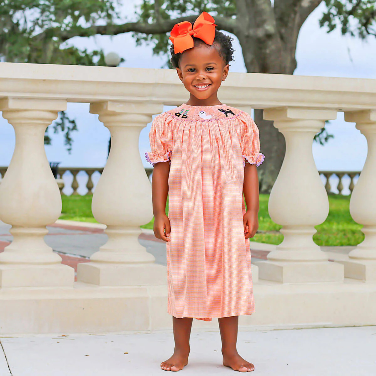 Smocked Halloween Orange Gingham Dress | Classic Whimsy