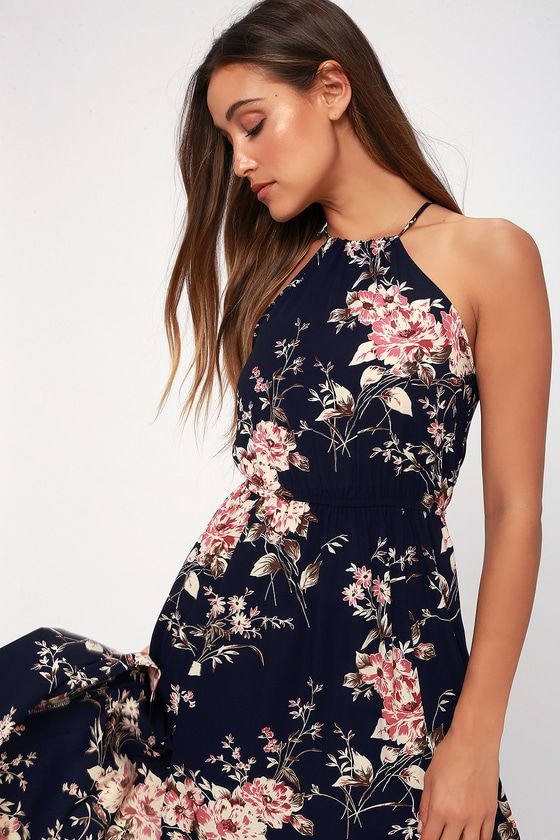 Feel the Music Midnight Blue Floral Print Maxi Dress | Lulus (US)