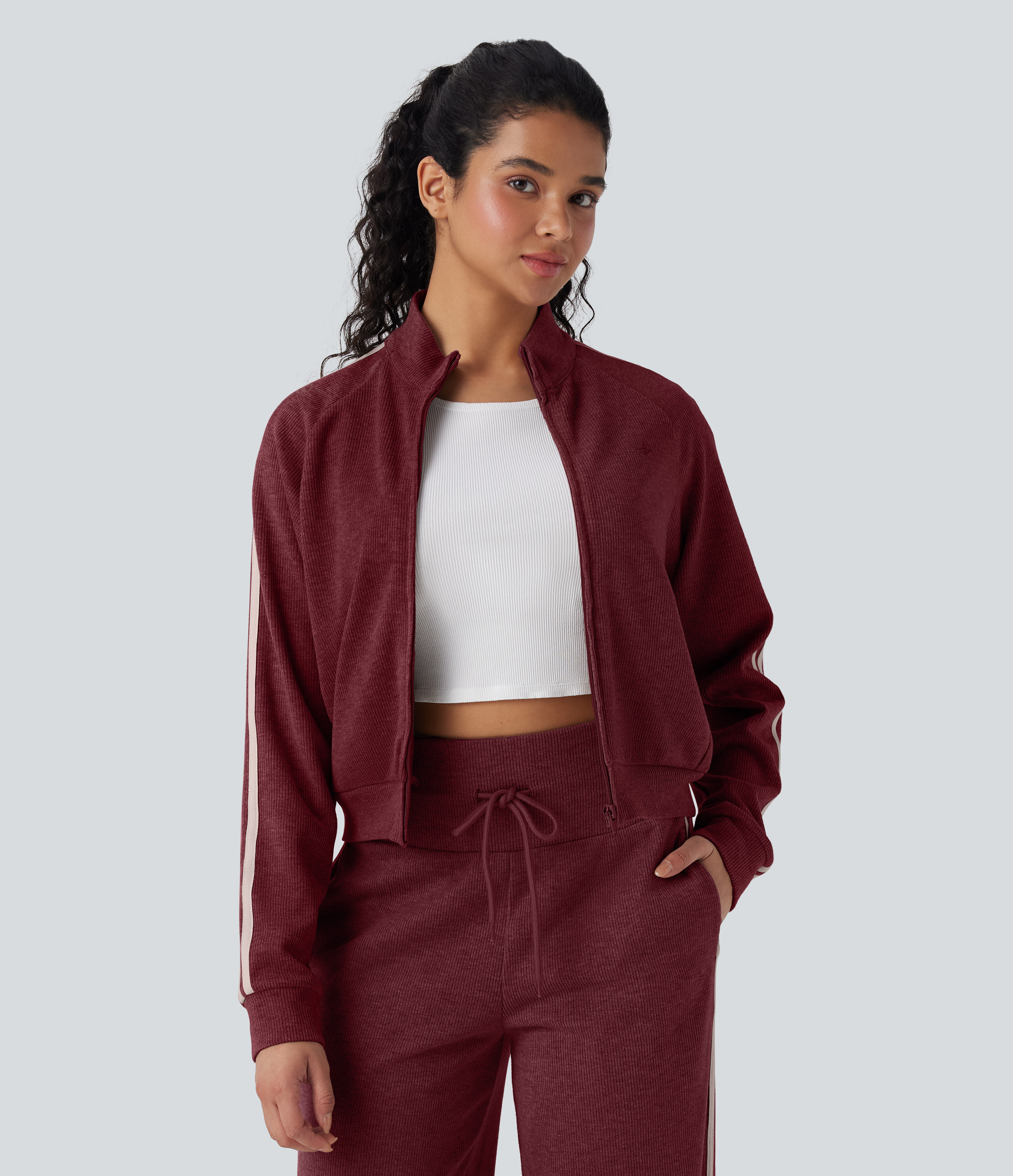 Halara Ribbed Stand Collar Long Sleeve Zipper Color Block Casual Jacket with Pockets - Cabernet - L | HALARA