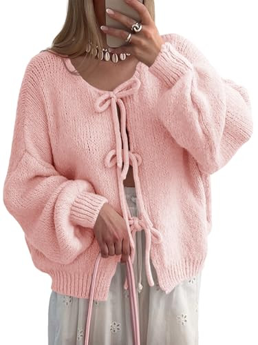 Saodimallsu Womens Tie Front Cardigan Sweaters Cute Bow Puff Long Sleeve 2025 Fall Loose Ribbed K... | Amazon (US)