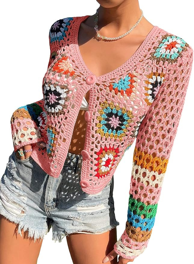 MakeMeChic Women's Crochet Beach Cover Up Button Front Hollow Out Cardigan Sweater | Amazon (US)