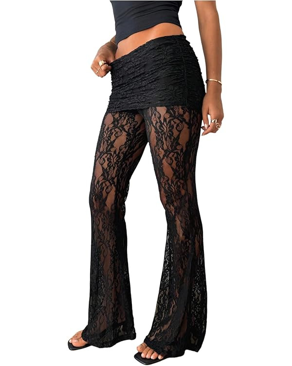 Verdusa Women's Floral Lace Pants Sheer Mesh Flare Leggings Elastic Long Trousers | Amazon (US)