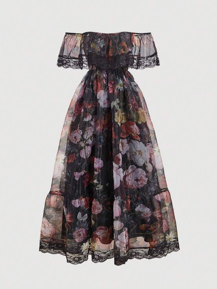 SHEIN MOD Plus Size Floral Print Off Shoulder Ruffle Hem Organza Dress,Vacation Outfits Woman,Goth,Beach Outfits For Woman,Valentine Day, For Summer | SHEIN