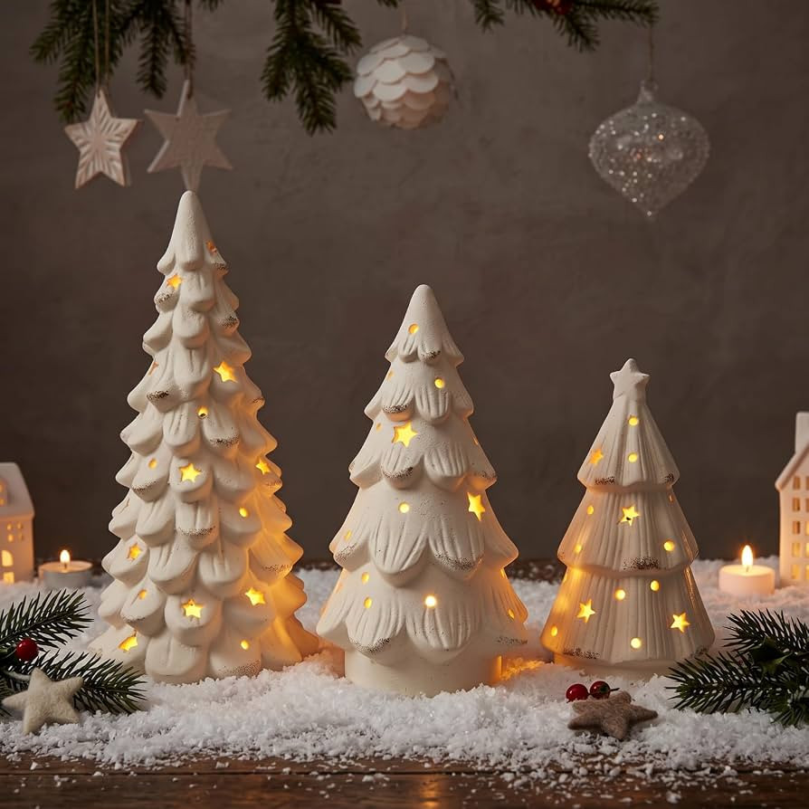 Wenqik 3 Pcs White Christmas Terracotta Trees Decor with LED Tea Lights | Amazon (US)
