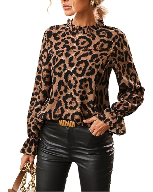 Floerns Women's Leopard Print Elegant Long Sleeve Frill Trim Mock Neck Blouse Tops | Amazon (US)