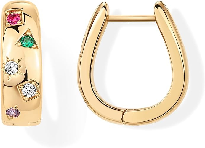 PAVOI 14K Gold Plated 925 Sterling Silver Posts Chunky Huggie Earrings for Women | Multi-Colored ... | Amazon (US)