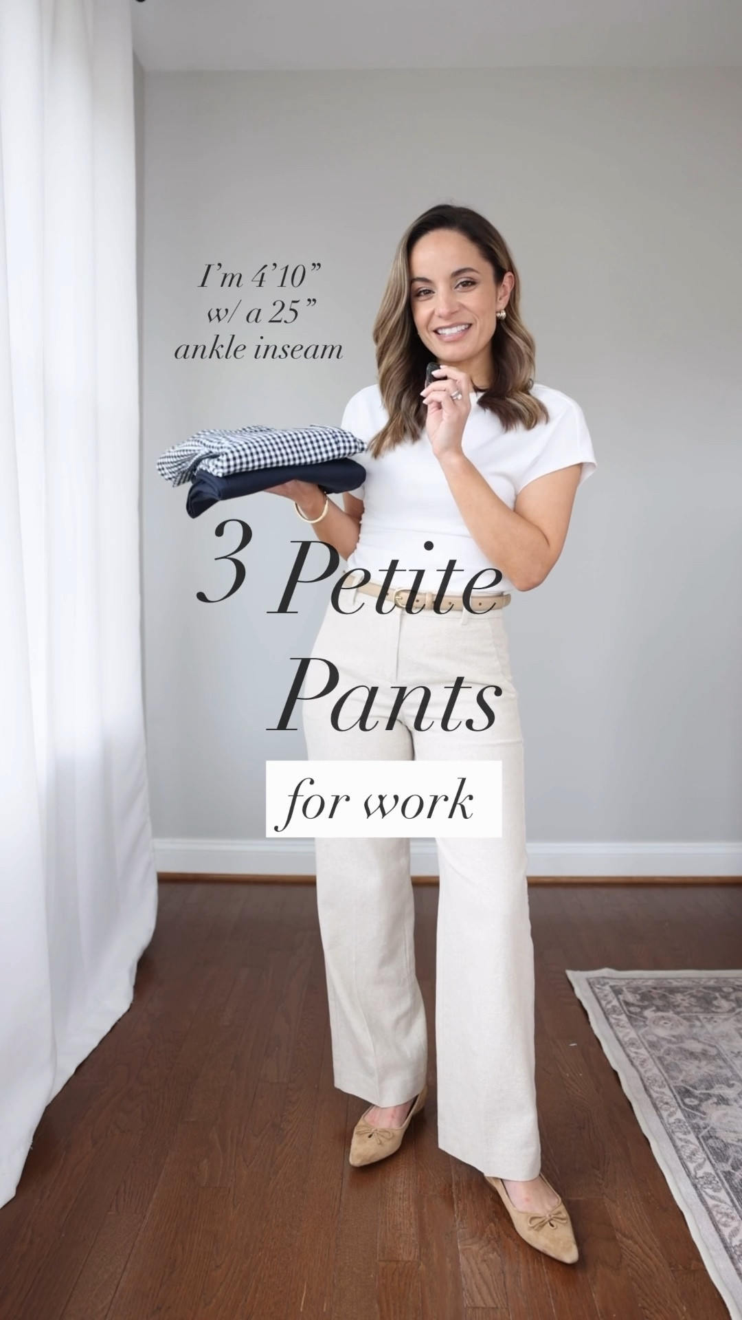 3 petite friendly pants you can wear to work! 

Remy Pants (J.Crew Factory): petite 00 | 10” rise | 28” inseam | linen and cotton blend | machine washable | true to size, loosens with wear 
Nicki Pants (J.Crew Factory): petite 0 | 10” rise | 25.5” inseam | size up | sold out in gingham, available in black and navy  
Eva Pants (Ann Taylor): petite 0 in standard (curvy is true to size for me, petite 00) | 9” rise | 25” inseam 

White top (Nordstrom): petite xs 
White blazer (J.Crew Factory): petite 00 
Purple top (Nordstrom): xxs - link shows top in black 

Wedges (LOFT): true to size - straps are snug 
Flats (Sam Edelman): true to size 

My measurements for reference: I’m 4’10” and 105lbs. My bust, waist, and hip measurement is 32”, 24”, and 36”.