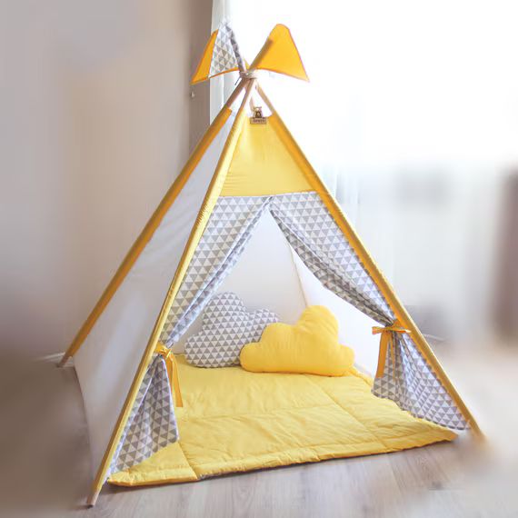 Kids teepee yellow gray Play tent gray triangles Play Teepee Playhouse Kids gift Baby gift Childrens | Etsy (US)