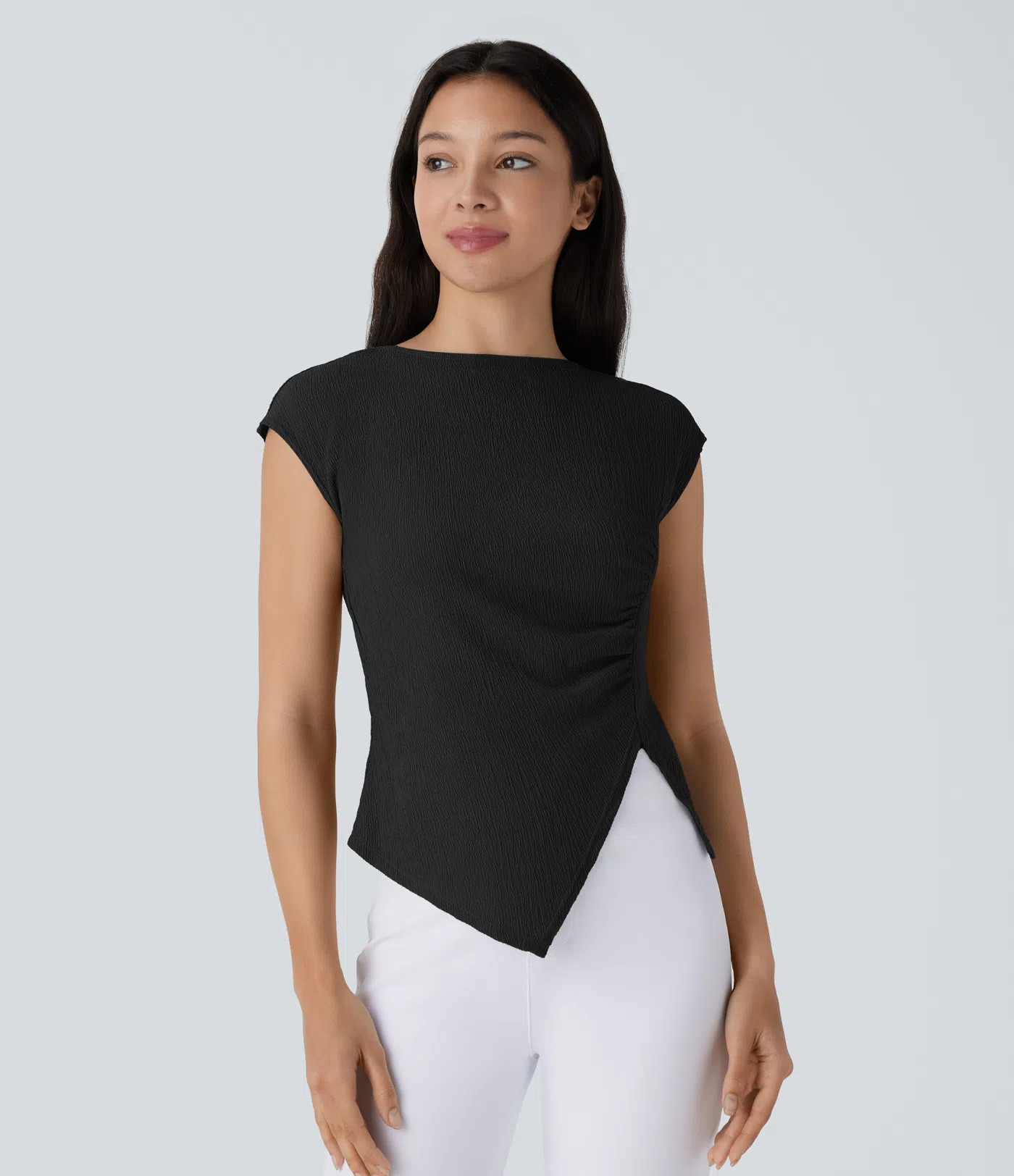 Slash Neck Short Sleeve Ruched Split Asymmetric Hem Casual Top | Halara UK