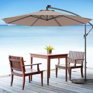 Costway 10' Patio Umbrella with Solar Power LED Lights and Base Tan | Bed Bath & Beyond