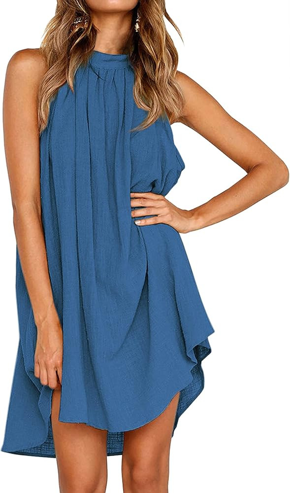 KIRUNDO 2023 Women's Summer Halter Neck Sleeveless Mini Dress Loose Tank Top Pleated Dress Short ... | Amazon (US)