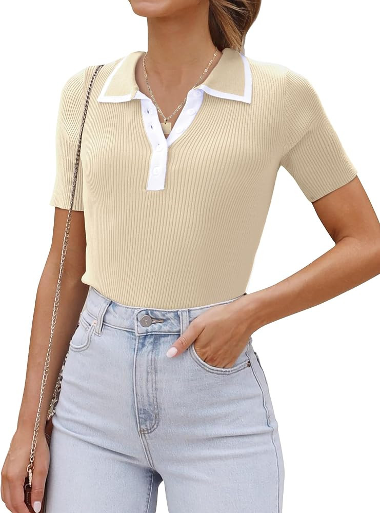 luvamia Blouses for Women Dressy Casual Knit Trendy Tops Summer Short Sleeve Color Block Button U... | Amazon (US)