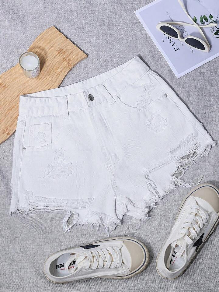 SHEIN EZwear Summer Fashion Solid Color Frayed Denim Shorts With Distressed Details | SHEIN