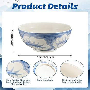 Maxdot Blue and White Bowl 10 x 5 Inch Large Hand Painted Stoneware Decorative Vase Bowl with Flo... | Amazon (US)