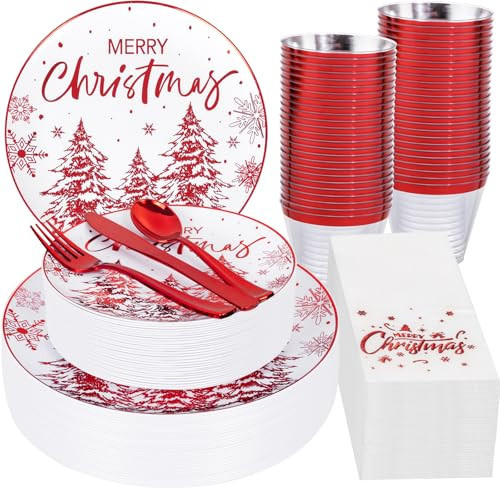 Rubtlamp 175 Pcs Christmas Plastic Plates And Napkins, Christmas Plates Disposable, White And Red Plastic Dinnerware Include 25Dessert Platos, 25Dinner Platos, 75 plastic cultery, 25Cups, 25Napkins | Amazon (US)