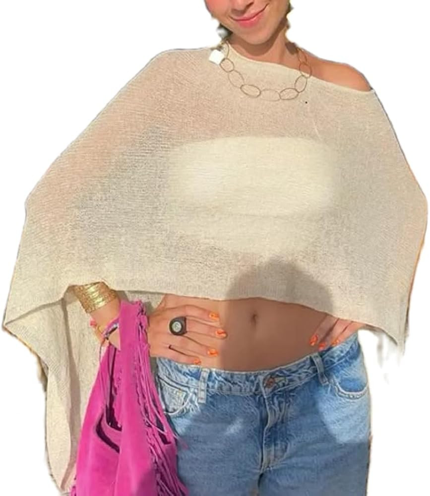 Women Sheer Knit Poncho Shrug Lightweight One Shoulder Pullover Top Asymmetrical Hem Cover Up Cro... | Amazon (US)