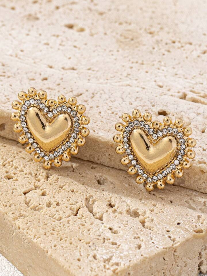 1 Pair European Style Fashionable Minimalist Heart Crystal Stud Earrings For Women | SHEIN