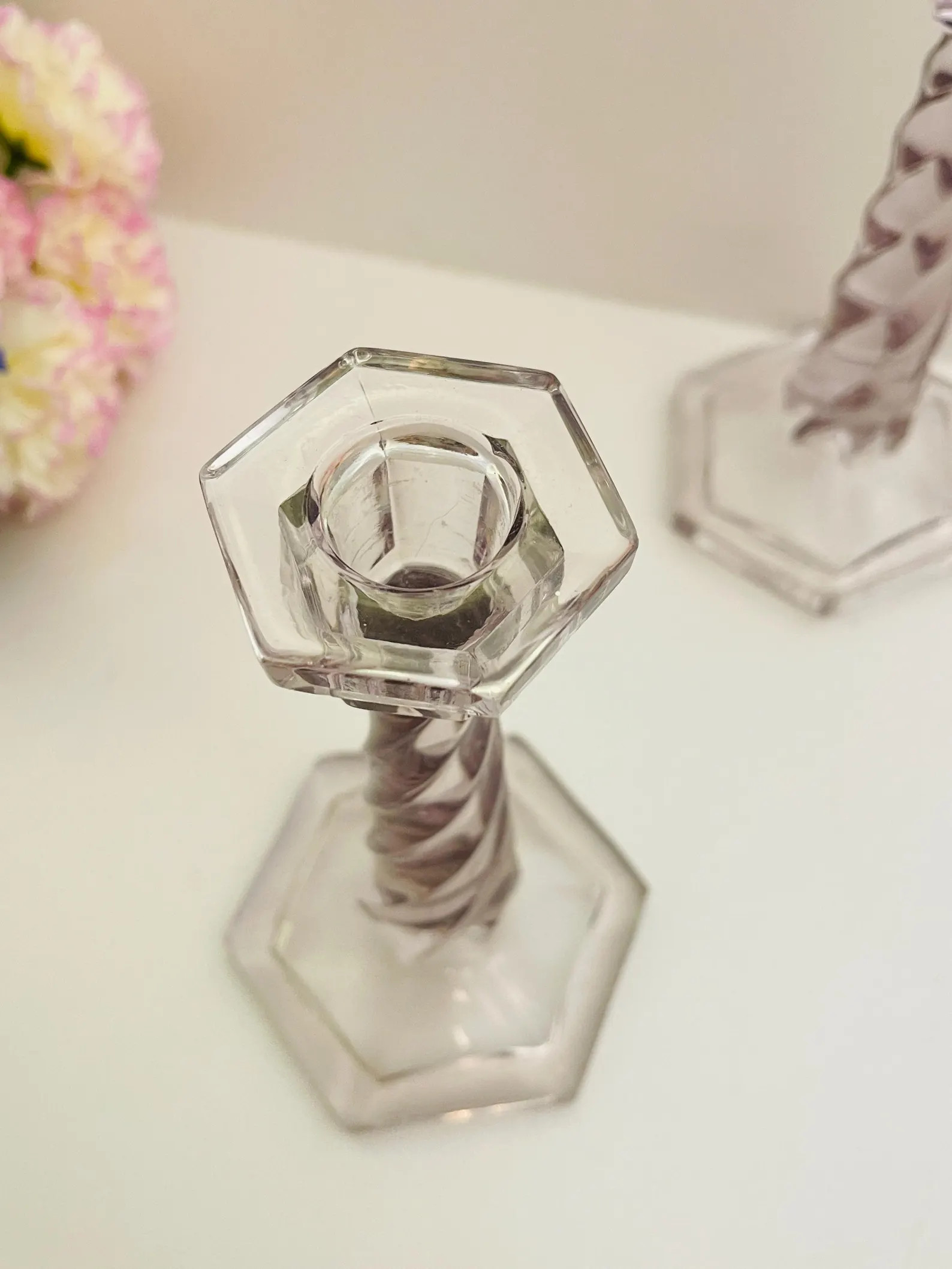 Pair of Lilac Glass Barley Twist Candlesticks - Vintage - Etsy | Etsy (US)
