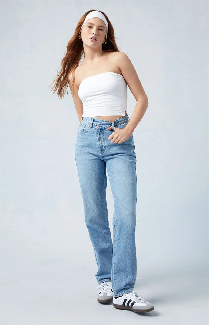 Women's Medium Blue Asymmetrical Dad Jeans in Medium Indigo - Size 22 | PacSun